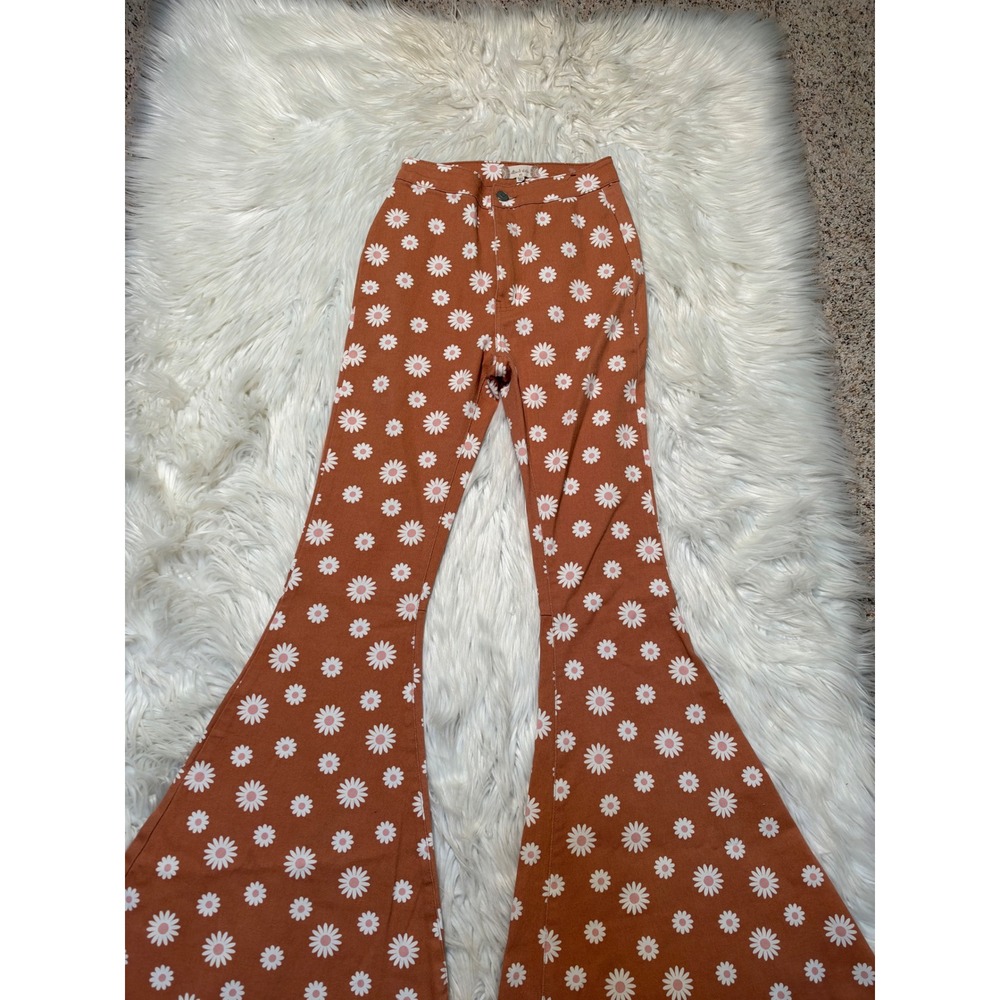 Altar'd State Women's Size XS Bell Bottom Flare Jeans Orange Rust Daisy Floral - Picture 5 of 12